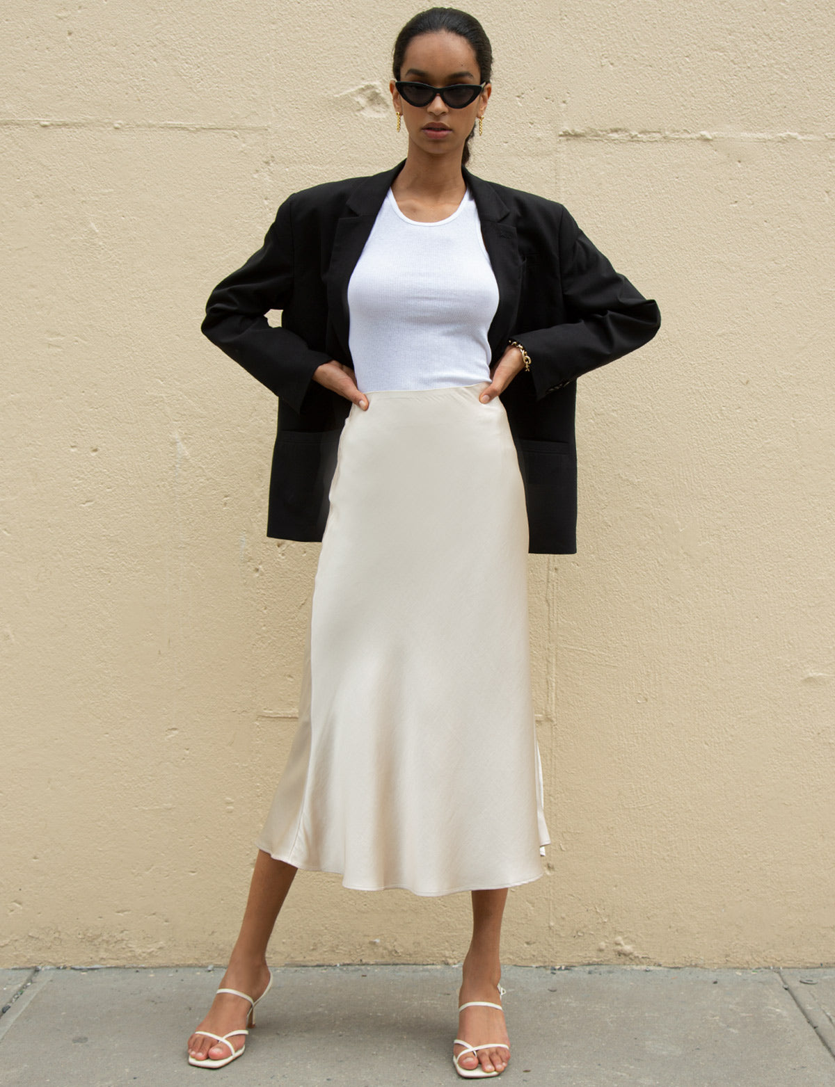 Rene Beige Satin Long Skirt | Sleek ...